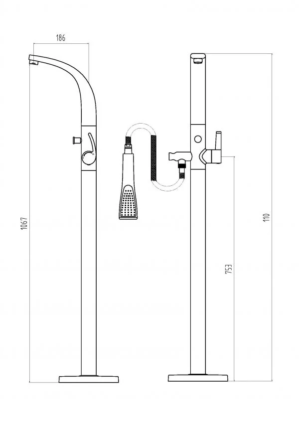 Flume Floor Mounted Bath Shower Mixer Technical Drawing