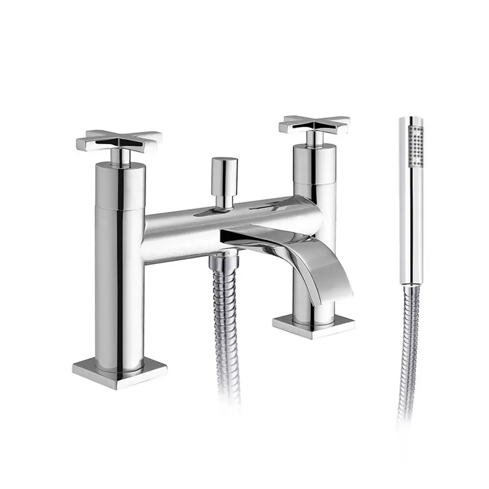 A chrome crosshead bath shower mixer with hand shower.