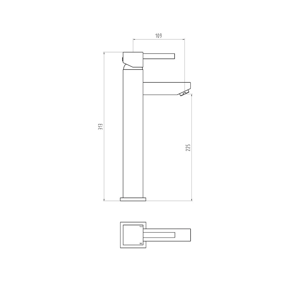 Black High Rise Basin Mixer Technical Drawing