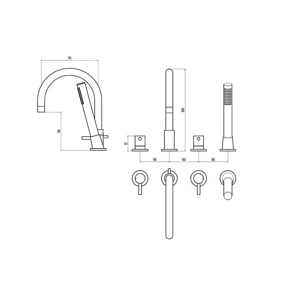 Indigo 4 Hole Bath Shower Mixer Technical Drawing