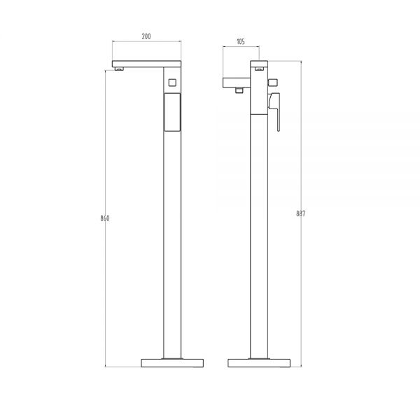 Black Floor Mounted bath Shower Mixer Technical Drawing