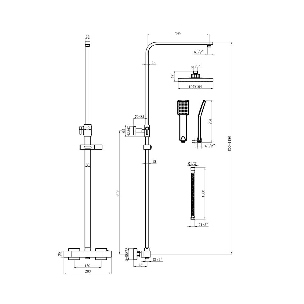 Ingot TF101 Shower Set Technical Drawings