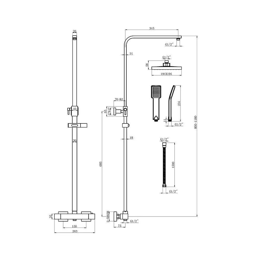 Ingot TF101 Shower Set Technical Drawings