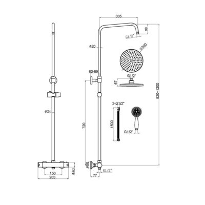 The Tap Factory Spa Shower Set TF102 and TF102BLK Technical Drawings