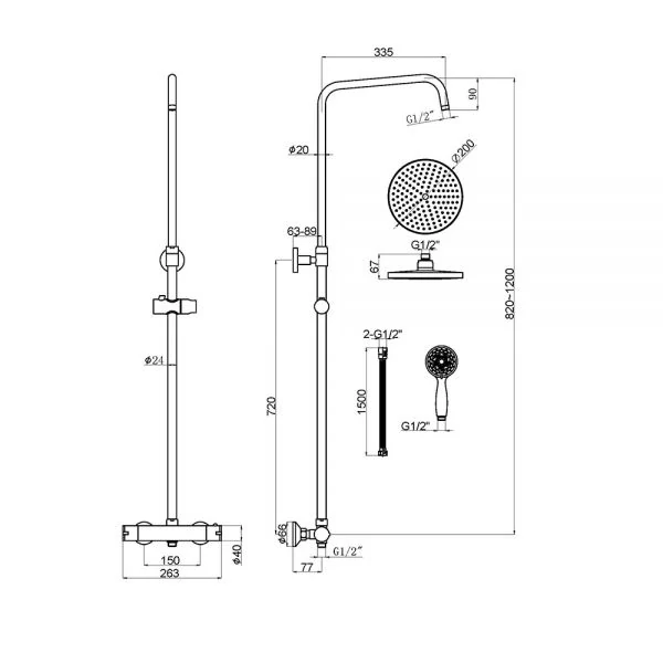 The Tap Factory Spa Shower Set TF102 and TF102BLK Technical Drawings