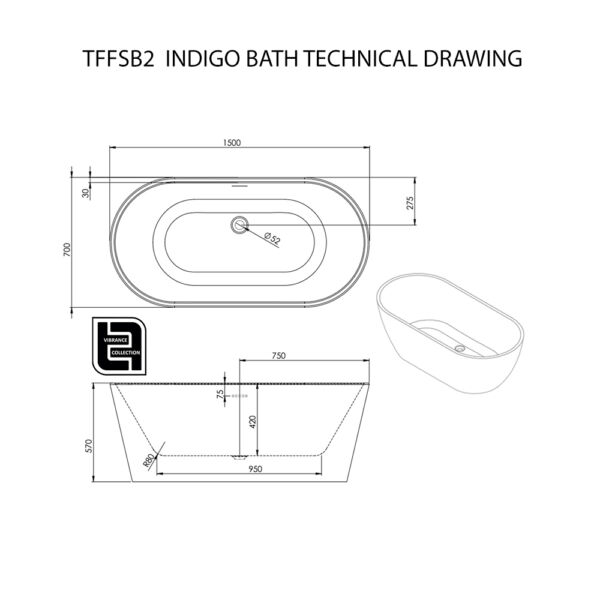 The Tap Factory Indigo 1500 Free Standing Bath Technical Drawing