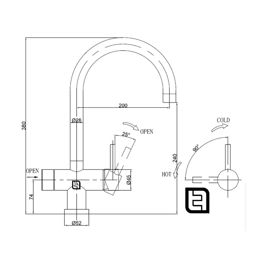 The Tap Factory Instant hot tap technical line drawing for Milla, Vanto, Cromo and Halkos