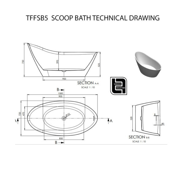 The Tap Factory Scoop 1500 Free Standing Bath Technical Drawing