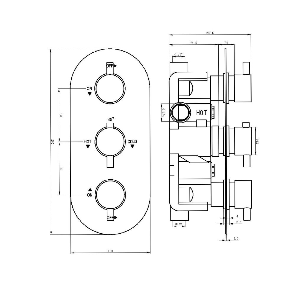 The Tap Factory Round Triple Shower Valve TF46002 Technical Drawing