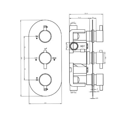 The Tap Factory Round Triple Shower Valve TF46002 Technical Drawing