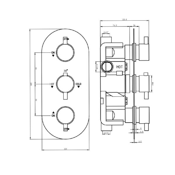The Tap Factory Round Triple Shower Valve TF46002 Technical Drawing