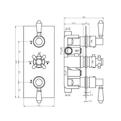 The Tap Factory Traditional Triple Thermostatic Shower Valve TF46032 Technical Drawing