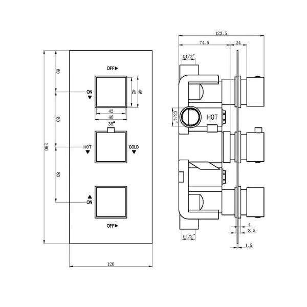 The Tap Factory Square Triple Thermostatic Shower Valve TF46042 Technical Drawing