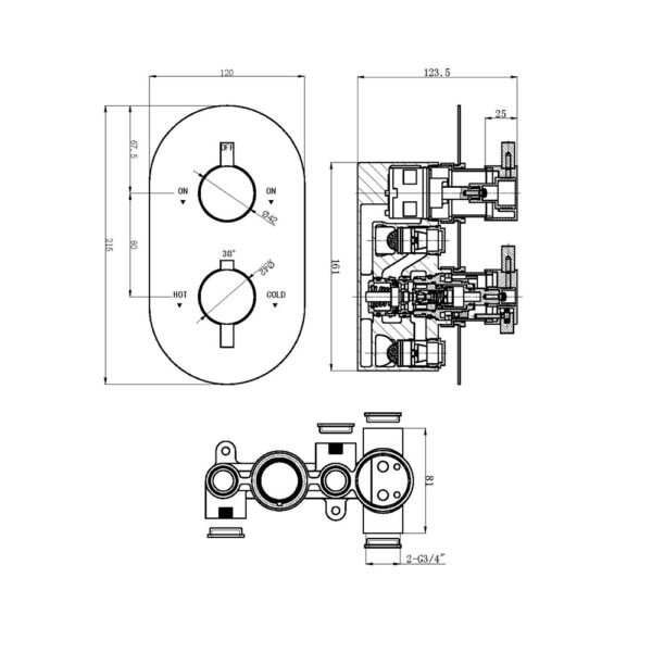 The Tap Factory Round Thermostatic Shower Valve TF47002 Technical Drawing