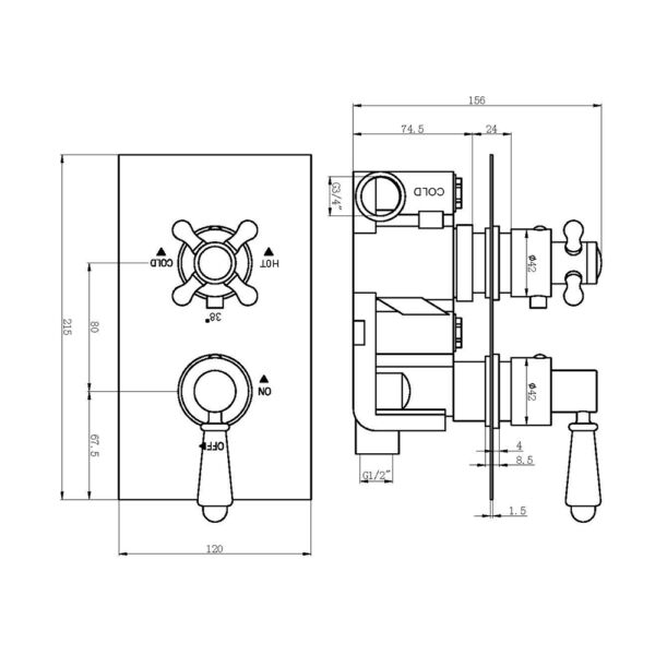 The Tap Factory Traditional Twin Thermostatic Shower Valve TF47032 Technical Drawing
