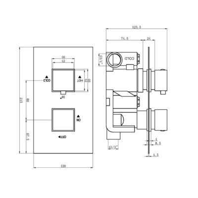 The Tap Factory Square Thermostatic Shower Valve TF47042 Technical Drawing