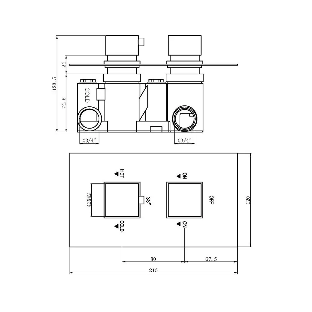 The Tap Factory Square Thermostatic Shower Valve TF47042D Technical Drawing