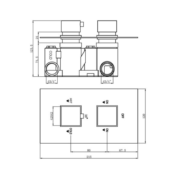 The Tap Factory Square Thermostatic Shower Valve TF47042D Technical Drawing