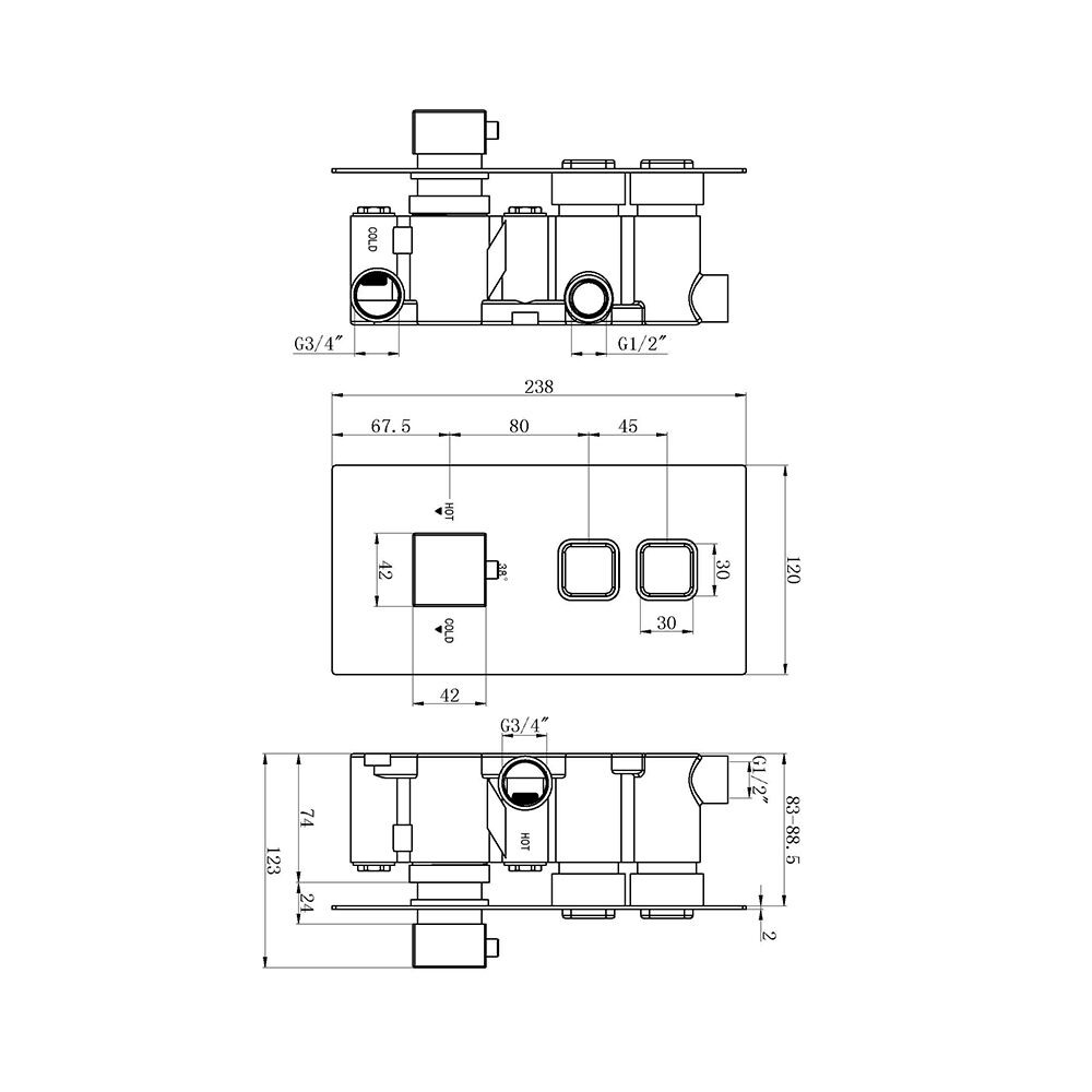 The Tap Factory Ingot Shower Valve 2 Way Technical Drawing