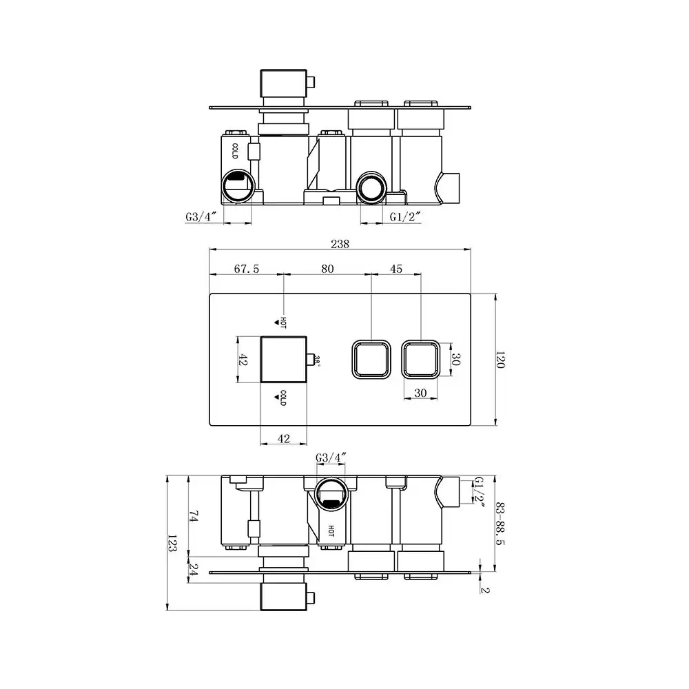 The Tap Factory Ingot Shower Valve 2 Way Technical Drawing