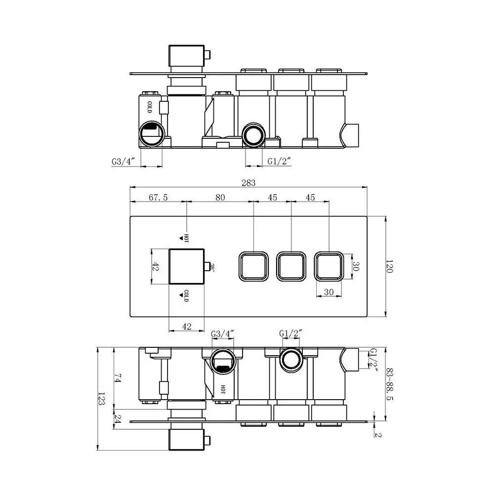 The Tap Factory Square concealed Ingot Shower Valve 3 Way Technical Drawing