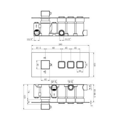 The Tap Factory Square concealed Ingot Shower Valve 3 Way Technical Drawing