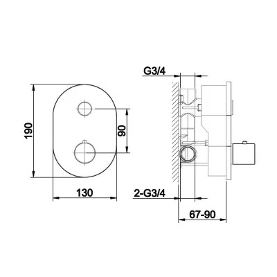 The Tap Factory Spa Shower Valve 1 Way Technical Drawing