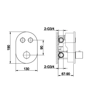 The Tap Factory Spa Push Button Concealed Shower Valve 2 Way Technical Drawing