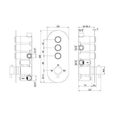 The Tap Factory Spa Push Button Concealed Shower Valve 3 Way Technical Drawing