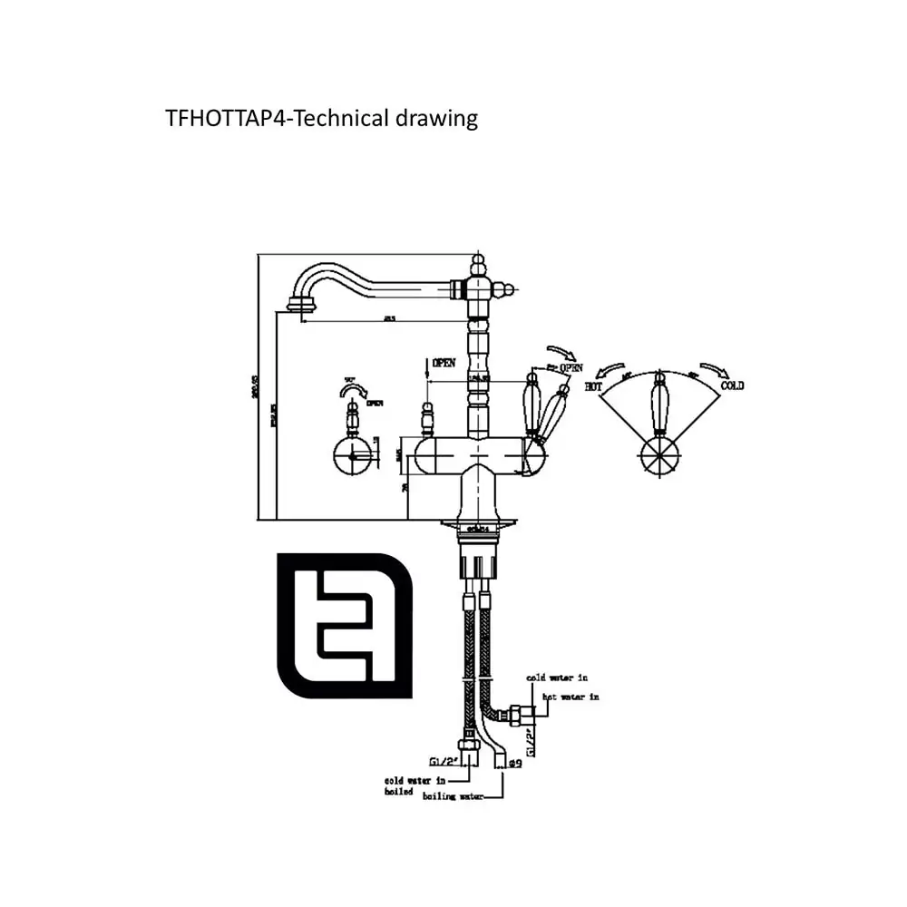 The Tap Factory Wisteria and Provence technical line drawing.