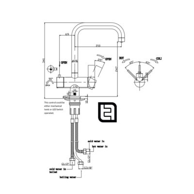 The Tap Factory Technical Line Drawing of Milo instant hot tap.