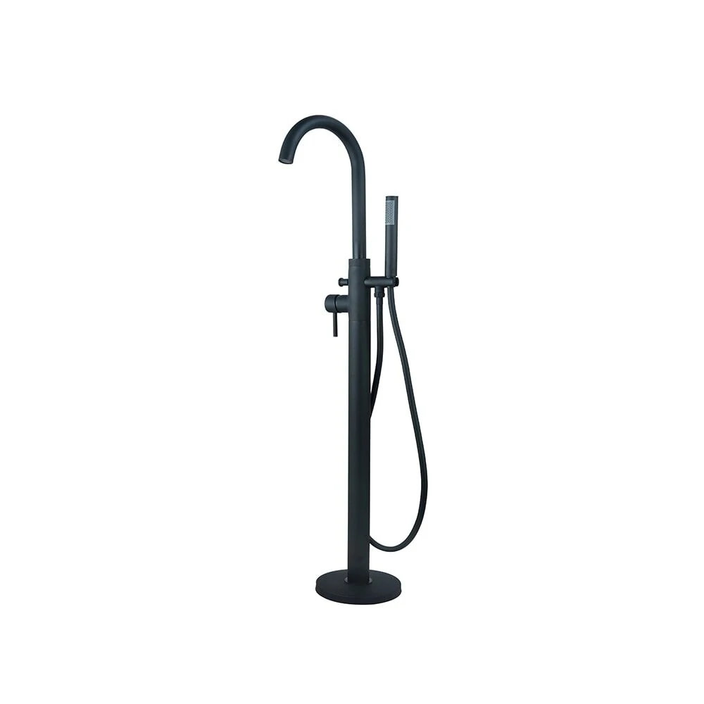 Matt black floor mounted bath shower mixer with hand shower