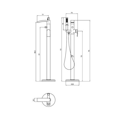 Milla Floor Mounted Bath Shower Mixer Technical Drawing