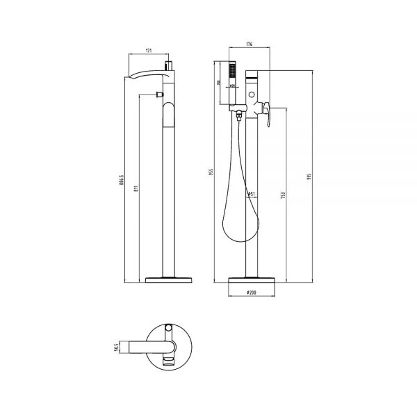 Milla Floor Mounted Bath Shower Mixer Technical Drawing