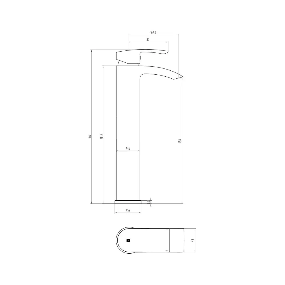 The Tap Factory Milla High Rise Basin Mixer Technical Line Drawing