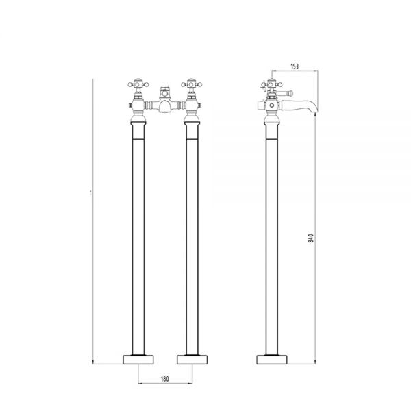 The Tap Factory Vogue Floor Mounted Bath Filler Technical Drawing