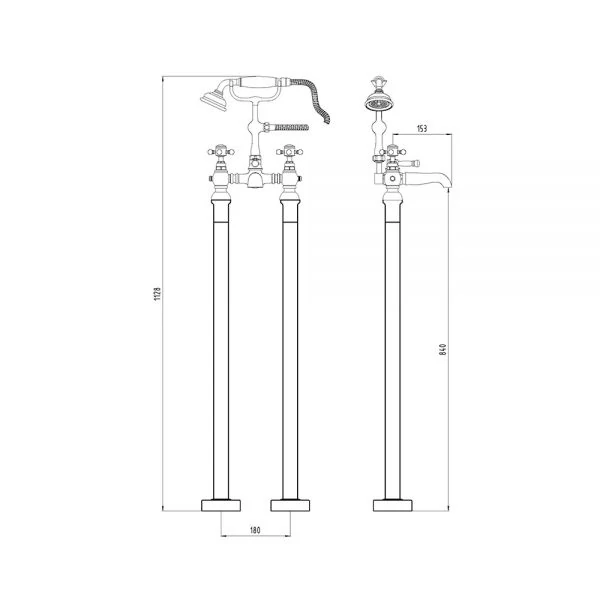 The Tap Factory Vogue Floor Mounted Bath Shower Mixer Technical Drawing