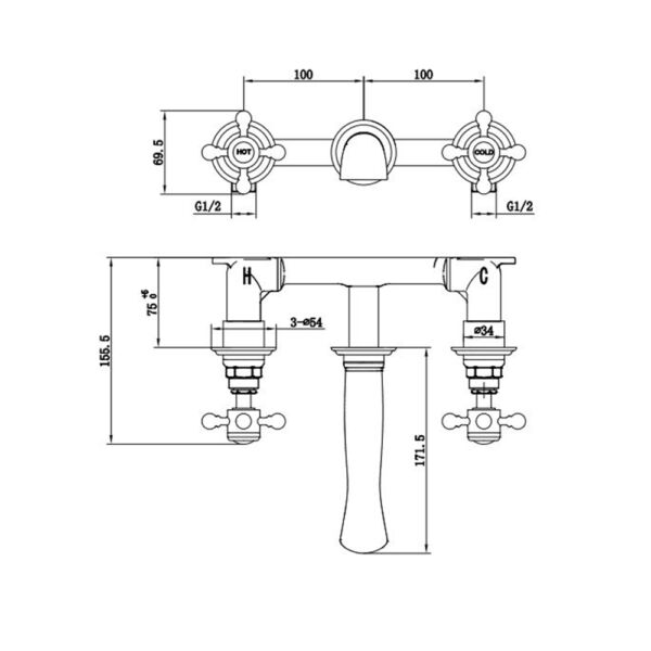 The Tap Factory Vogue Wall Mounted Basin Mixer Technical Drawing