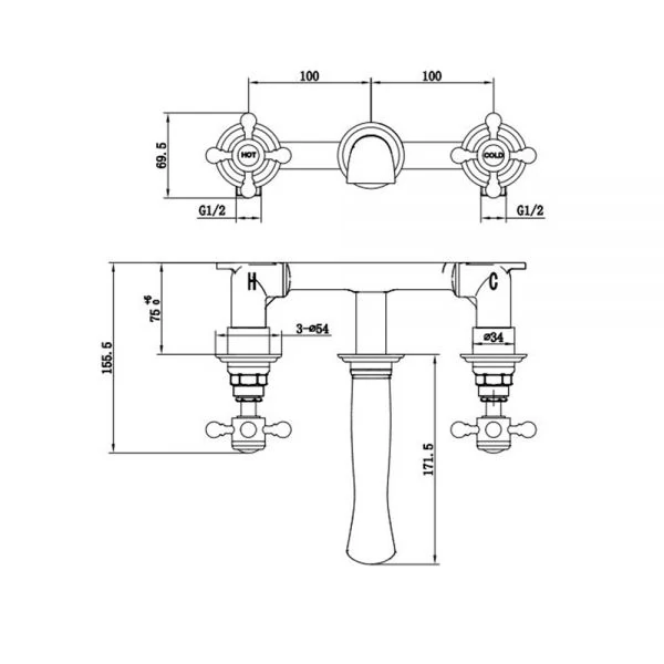 The Tap Factory Vogue Wall Mounted Basin Mixer Technical Drawing