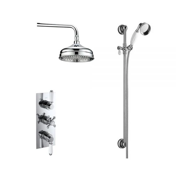 Traditional shower with built in valve with ceramic levers, traditional rain shower head and slide rail kit