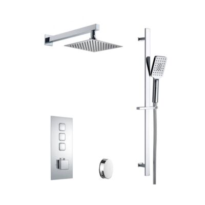 Square push button shower valve with bath overflow filler, square slide rail kit and wall mounted square rain shower head