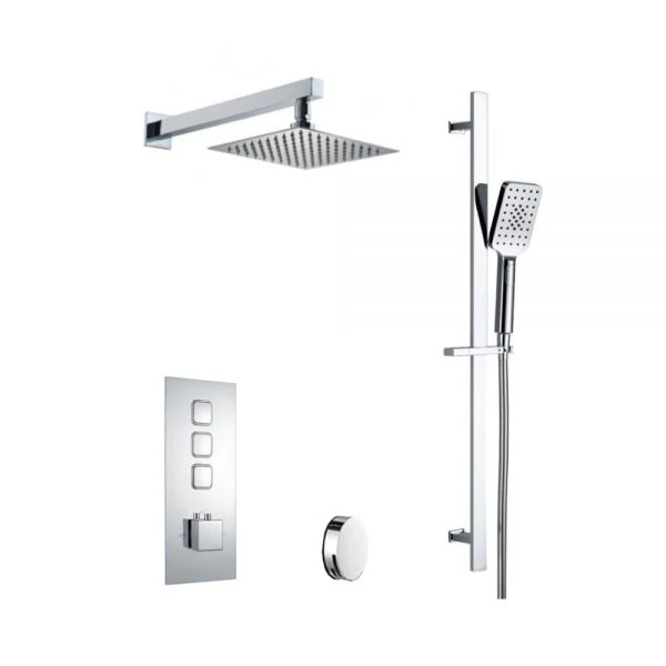 Square push button shower valve with bath overflow filler, square slide rail kit and wall mounted square rain shower head