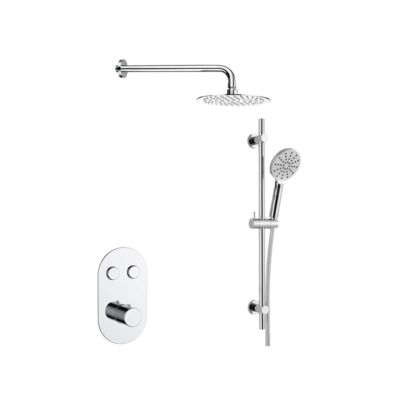Chrome round shower valve with push buttons with hand shower and fixed round rain shower head