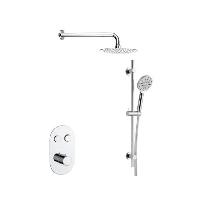 Chrome round shower valve with push buttons with hand shower and fixed round rain shower head