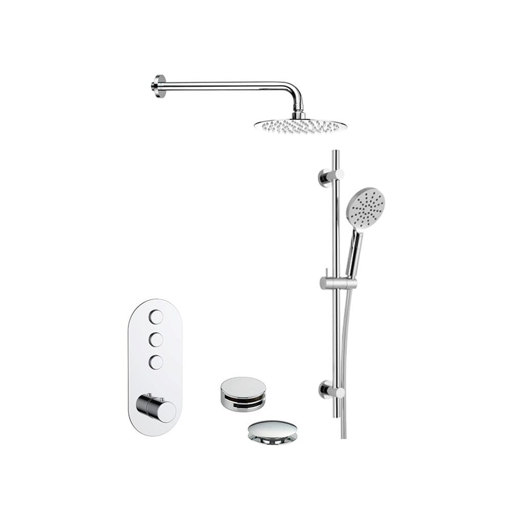 3 piece shower set with built in valve, overflow bath filler, round slide rain and round rain shower head in chrome