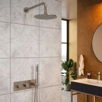 Vibrance nickel shower valve with fixed head and hand held shower