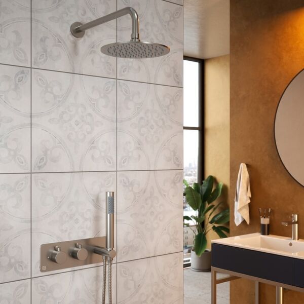 Vibrance nickel shower valve with fixed head and hand held shower