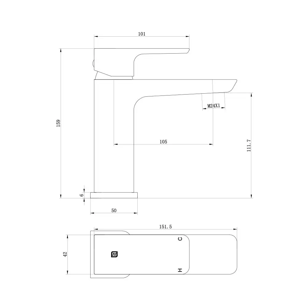 The Tap Factory Razor Basin Mixer Technical Drawing