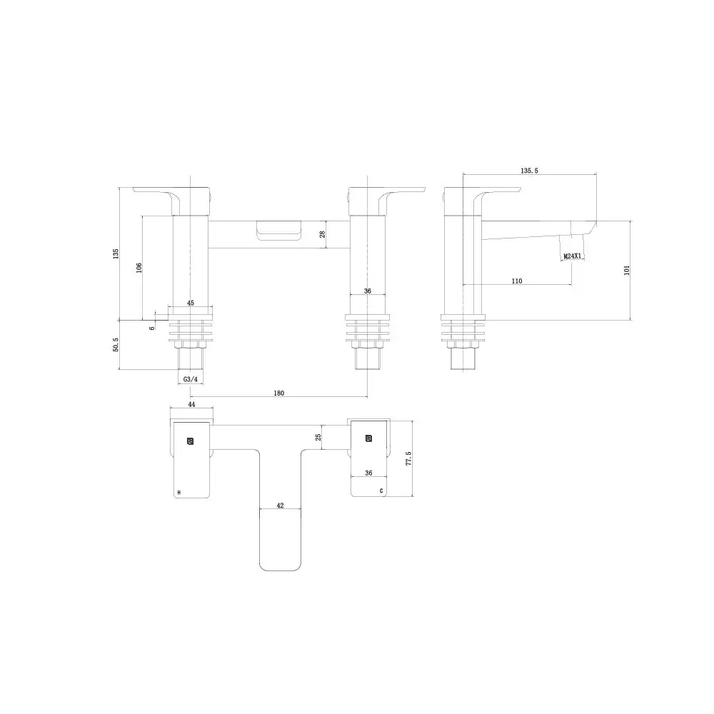 The Tap Factory Razor Bath Filler Technical Line Drawing