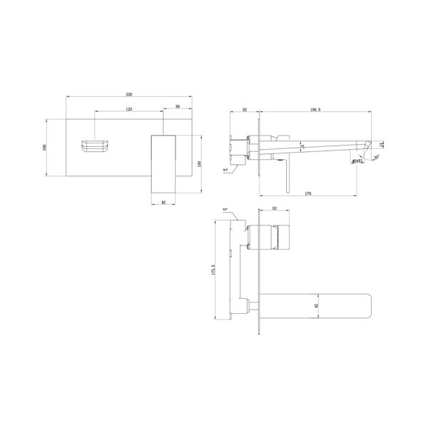 The Tap Factory Razor Wall Mounted Basin Mixer Technical Drawing
